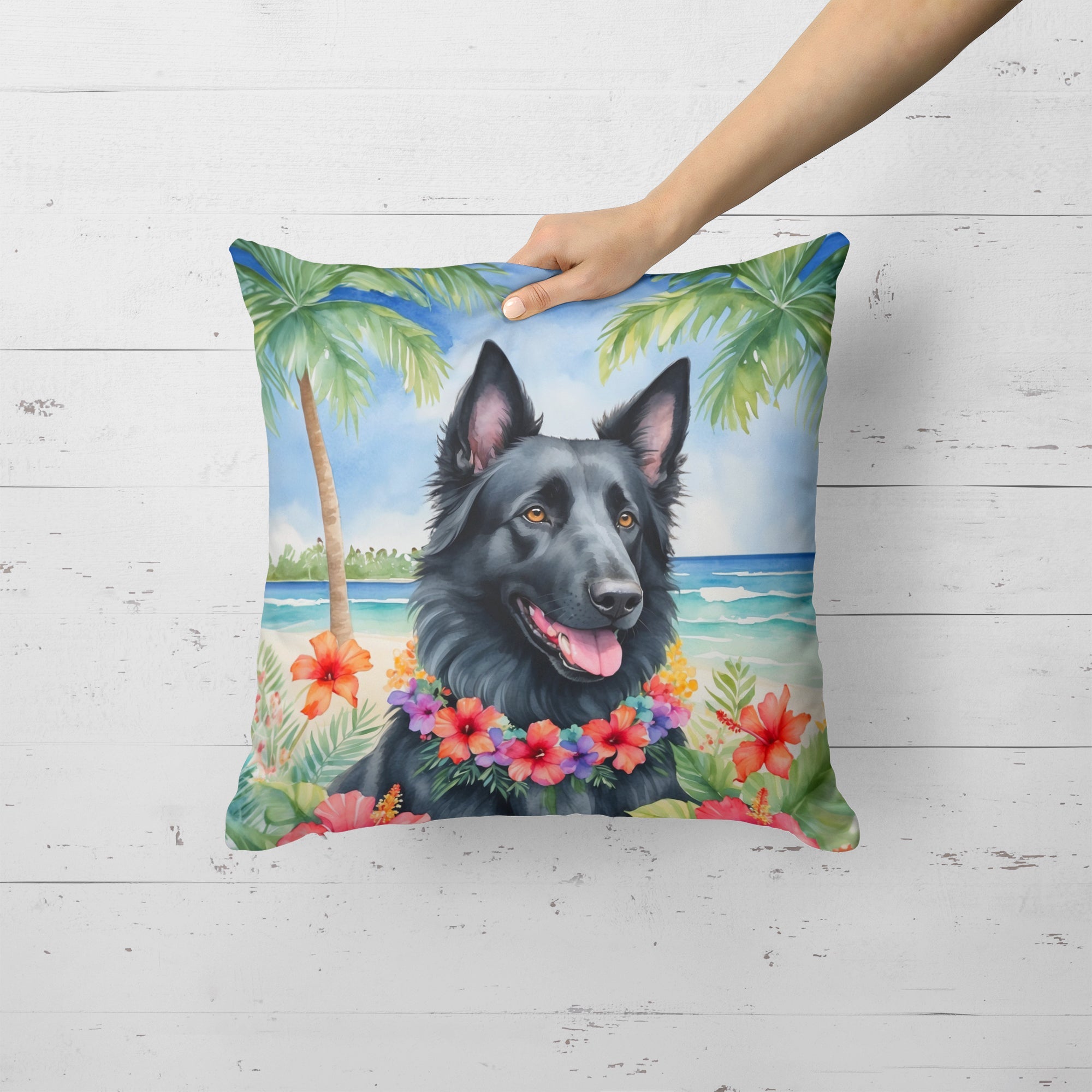 Belgian Sheepdog Luau Decorative Throw Pillow 18x18 Indoor Outdoor Accent Cushion, Fabric Cover with Insert for Sofa, Bed, Porch & Living Room