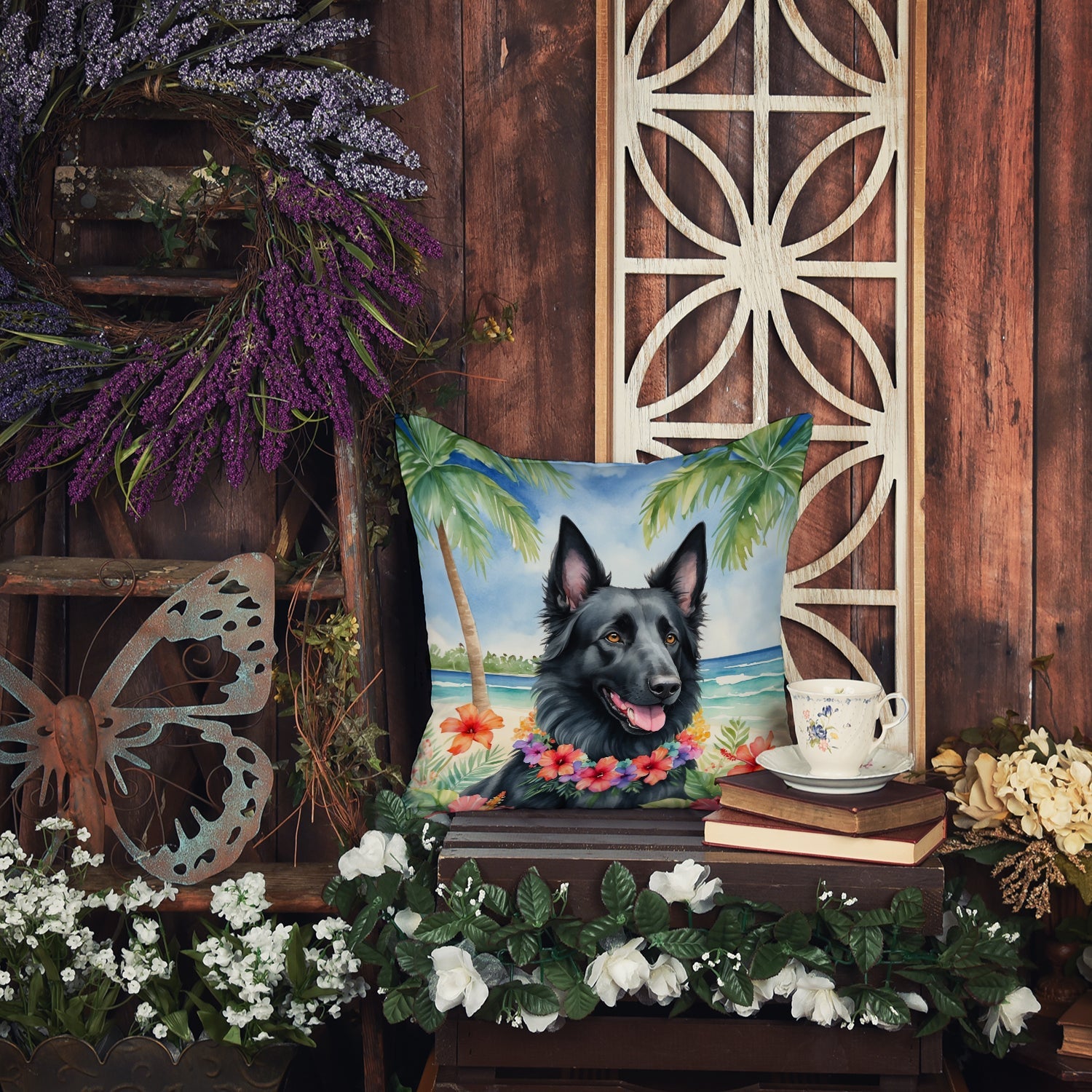Belgian Sheepdog Luau Decorative Throw Pillow 18x18 Indoor Outdoor Accent Cushion, Fabric Cover with Insert for Sofa, Bed, Porch & Living Room