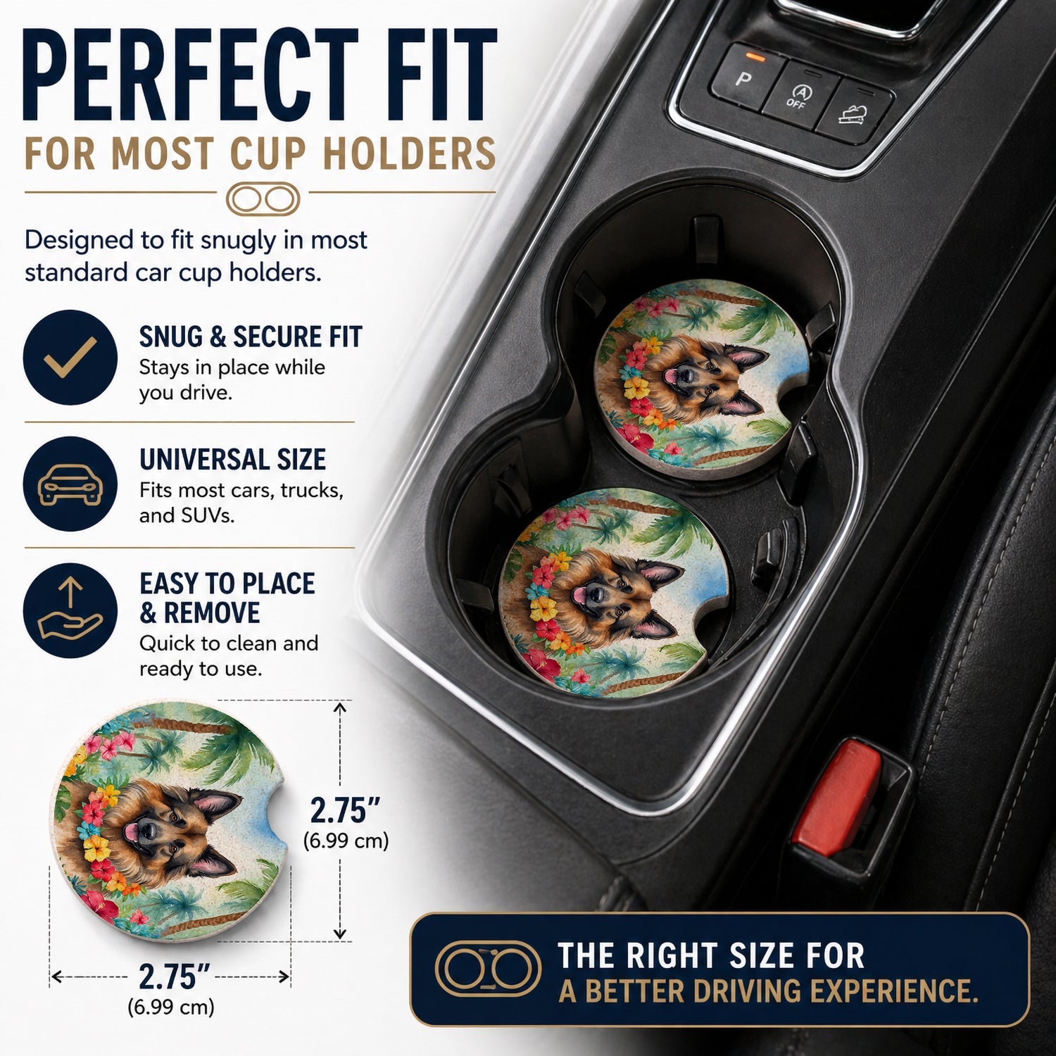 Belgian Tervuren Luau Set of 2 Cup Holder Car Coasters Absorbent Round Sandstone Coasters Gifts for Men or Women, 2.5, Multicolor