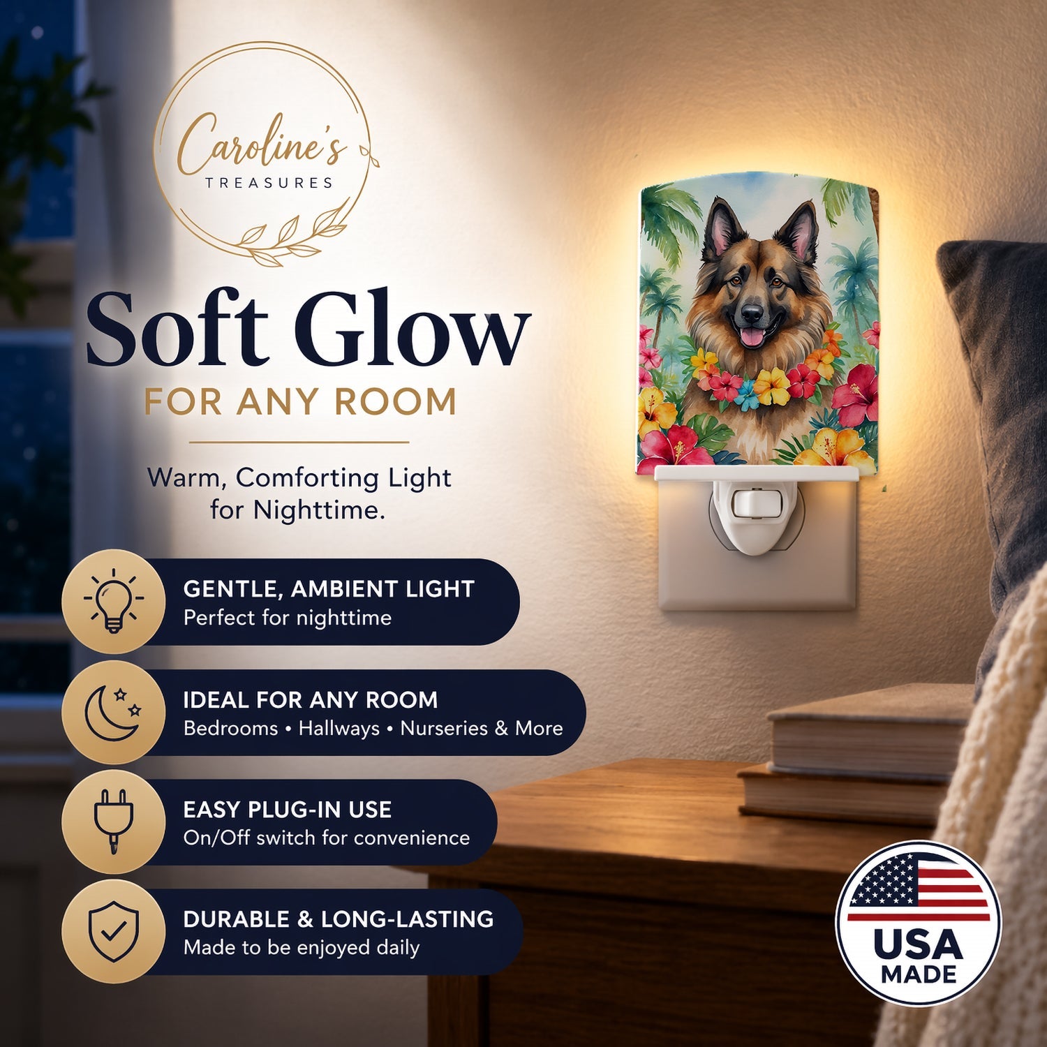 Belgian Tervuren Luau Ceramic Night Light Compact, UL-Certified, Ideal for Bedroom, Bathroom, Nursery, Hallway, Kitchen, 6x4x3, Multicolor