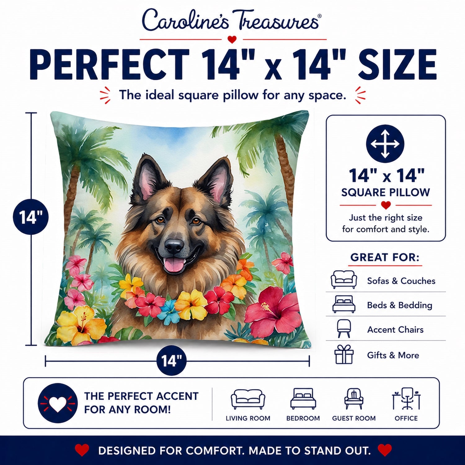Belgian Tervuren Luau Decorative Throw Pillow 14x14 Indoor Outdoor Accent Cushion, Fabric Cover with Insert for Sofa, Bed, Porch & Living Room