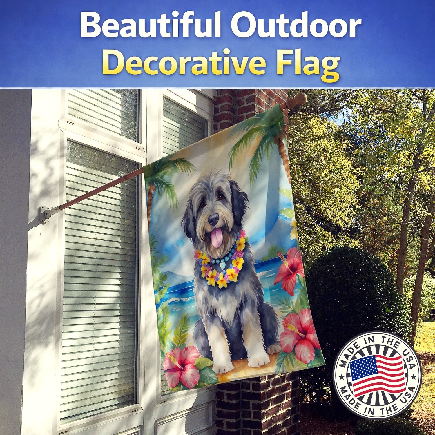 Bergamasco Sheepdog Luau House Flag 28x40 Porch Sleeve Pole Decorative Outside Yard Banner Artwork Wall Hanging, Polyester