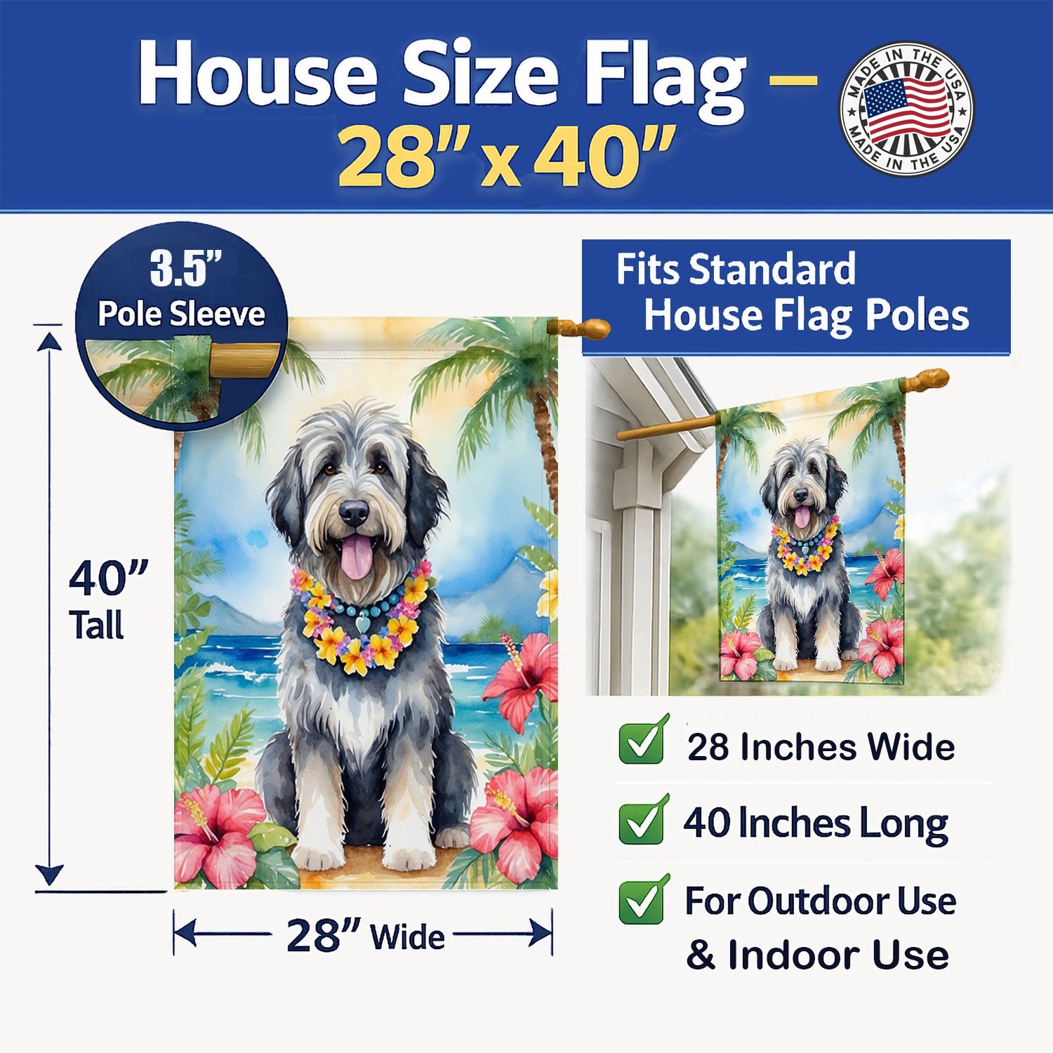 Bergamasco Sheepdog Luau House Flag 28x40 Porch Sleeve Pole Decorative Outside Yard Banner Artwork Wall Hanging, Polyester