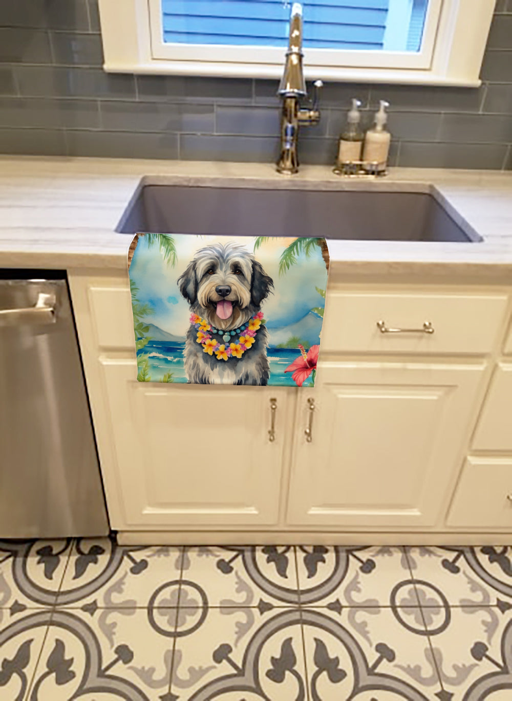 Bergamasco Sheepdog Luau Kitchen Towel Velour Plush Front and Cotton Loop Back Machine Washable