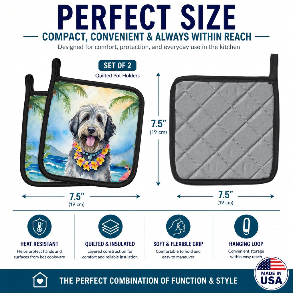 Bergamasco Sheepdog Luau Pot Holder Set of 2 Heat Resistant Quilted Hot Pads 7.5 x 7.5 Inch, Insulated Kitchen Trivets for Cooking & Baking