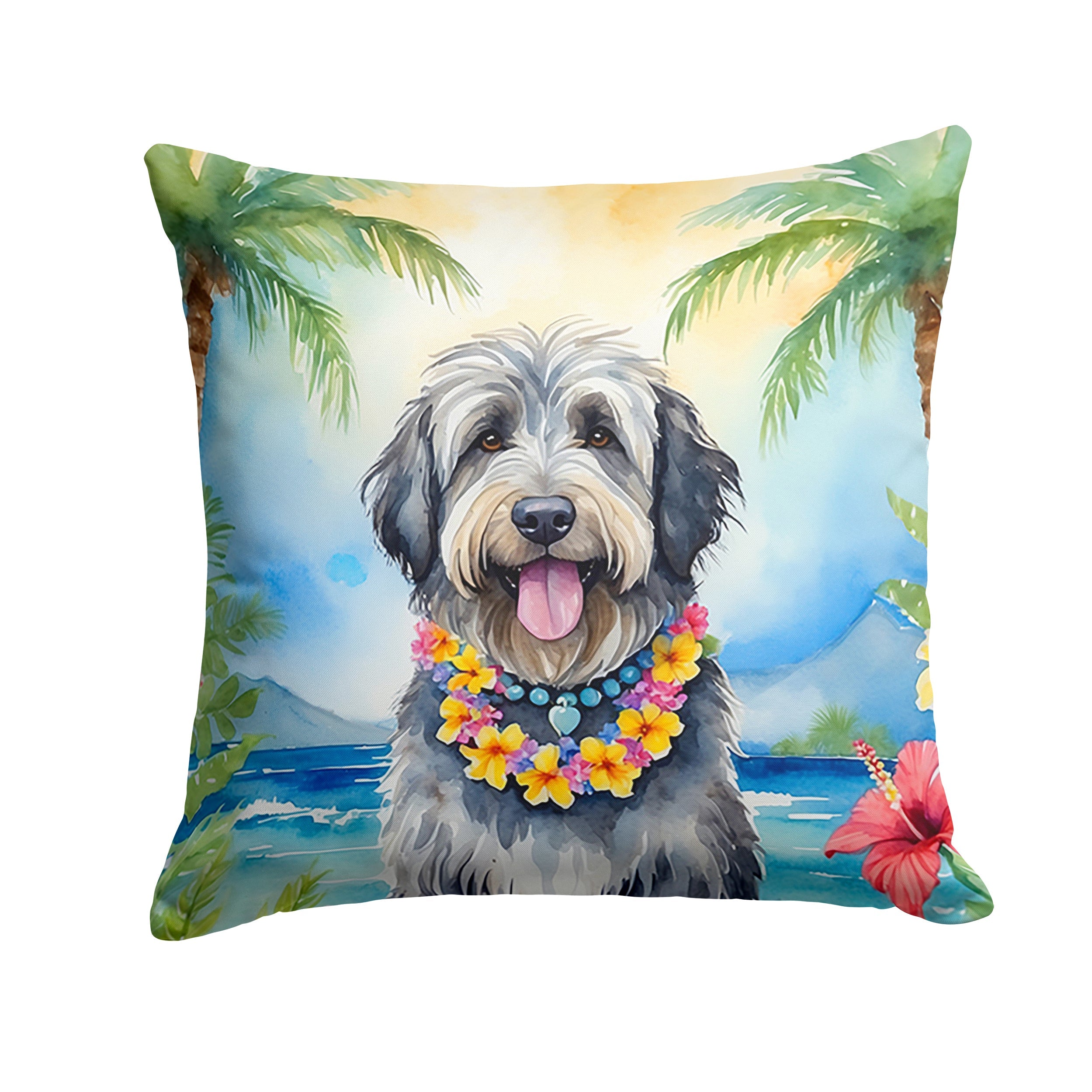 Bergamasco Sheepdog Luau Decorative Throw Pillow 14x14 Indoor Outdoor Accent Cushion, Fabric Cover with Insert for Sofa, Bed, Porch & Living Room