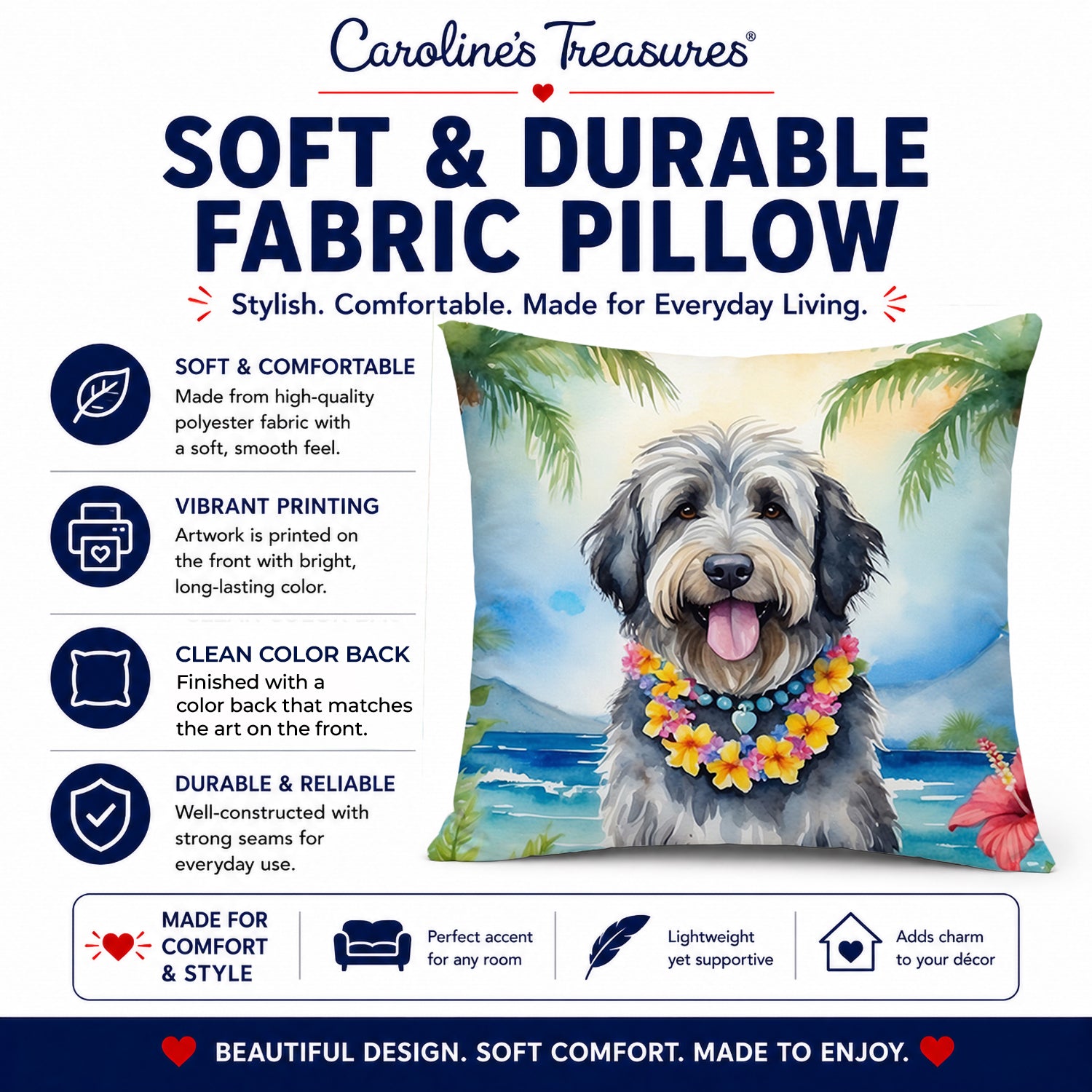 Bergamasco Sheepdog Luau Decorative Throw Pillow 14x14 Indoor Outdoor Accent Cushion, Fabric Cover with Insert for Sofa, Bed, Porch & Living Room