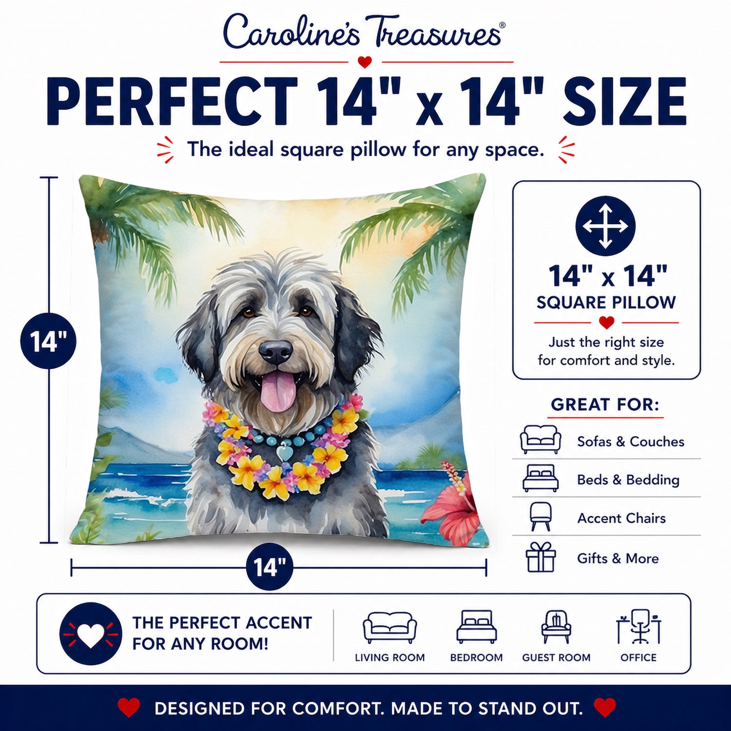 Bergamasco Sheepdog Luau Decorative Throw Pillow 14x14 Indoor Outdoor Accent Cushion, Fabric Cover with Insert for Sofa, Bed, Porch & Living Room
