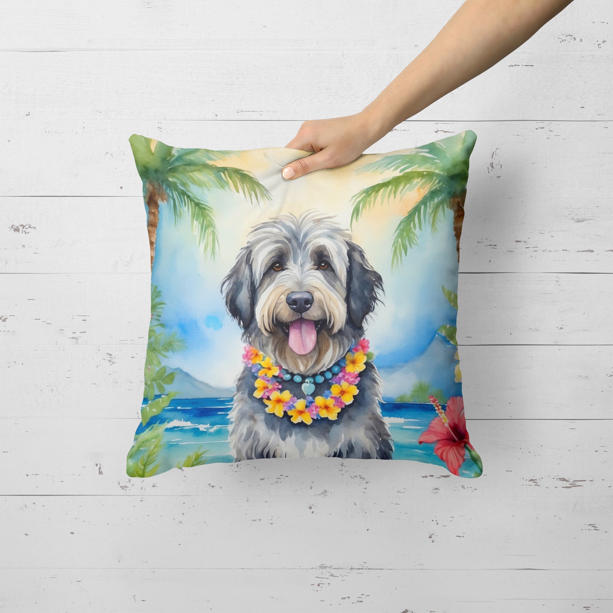 Bergamasco Sheepdog Luau Decorative Throw Pillow 18x18 Indoor Outdoor Accent Cushion, Fabric Cover with Insert for Sofa, Bed, Porch & Living Room