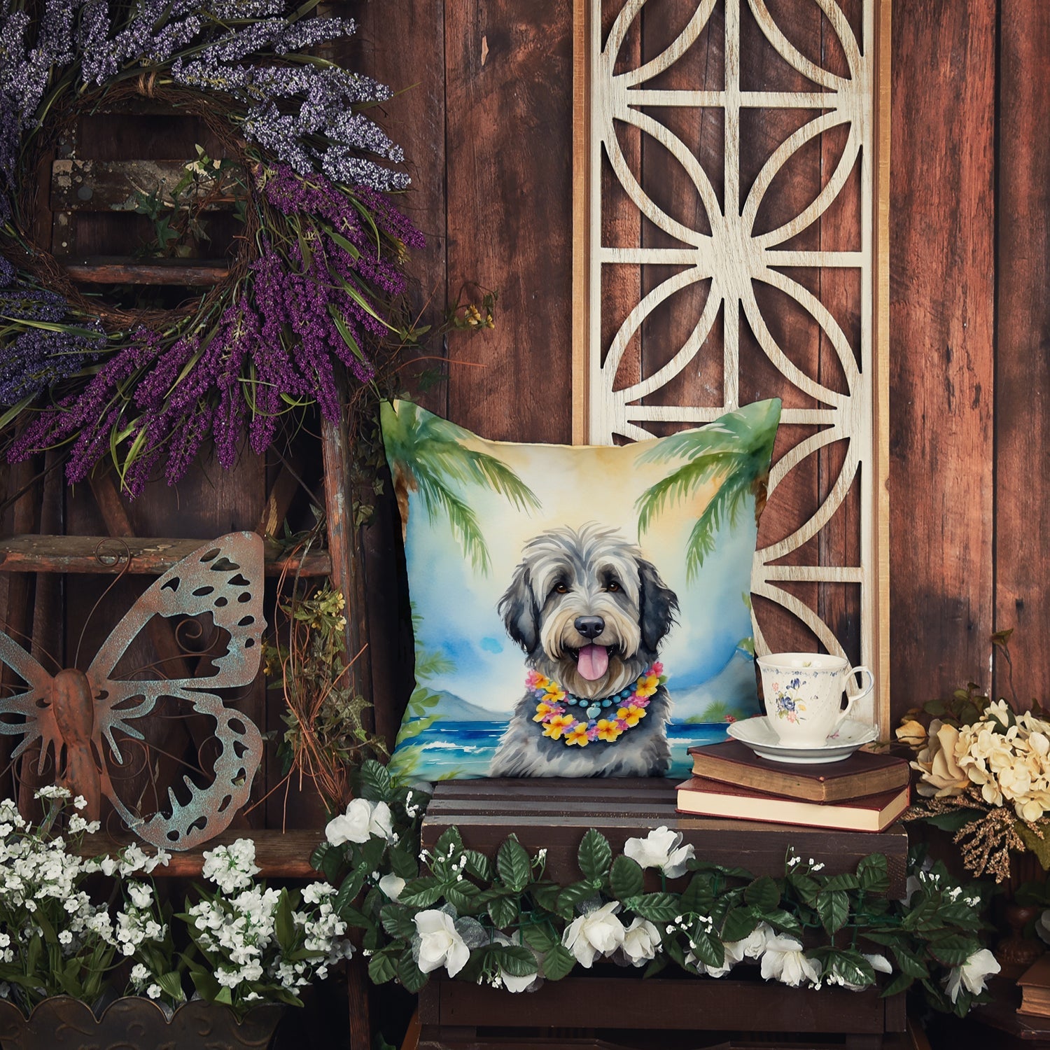 Bergamasco Sheepdog Luau Decorative Throw Pillow 18x18 Indoor Outdoor Accent Cushion, Fabric Cover with Insert for Sofa, Bed, Porch & Living Room