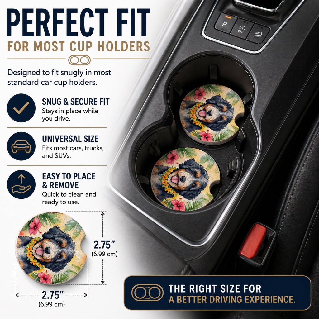 Bernedoodle Luau Set of 2 Cup Holder Car Coasters Absorbent Round Sandstone Coasters Gifts for Men or Women, 2.5, Multicolor