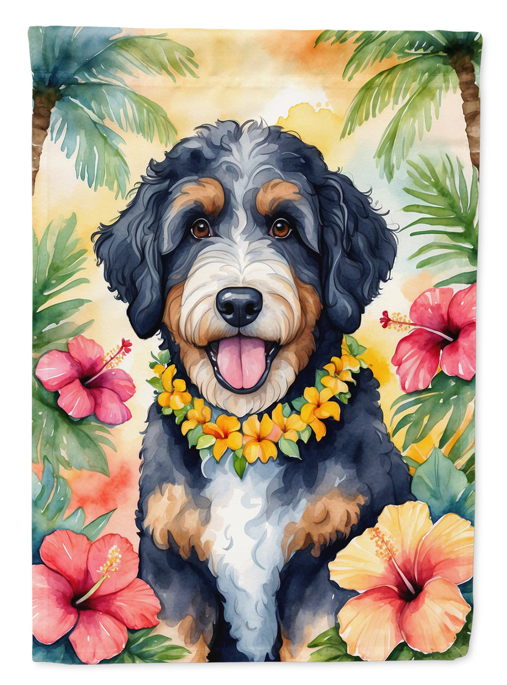 Bernedoodle Luau House Flag 28x40 Porch Sleeve Pole Decorative Outside Yard Banner Artwork Wall Hanging, Polyester