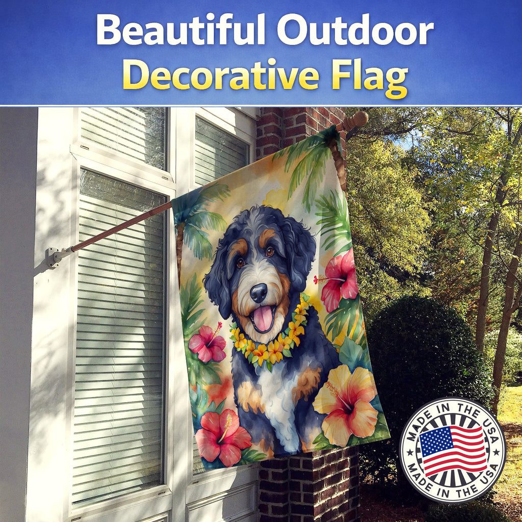 Bernedoodle Luau House Flag 28x40 Porch Sleeve Pole Decorative Outside Yard Banner Artwork Wall Hanging, Polyester