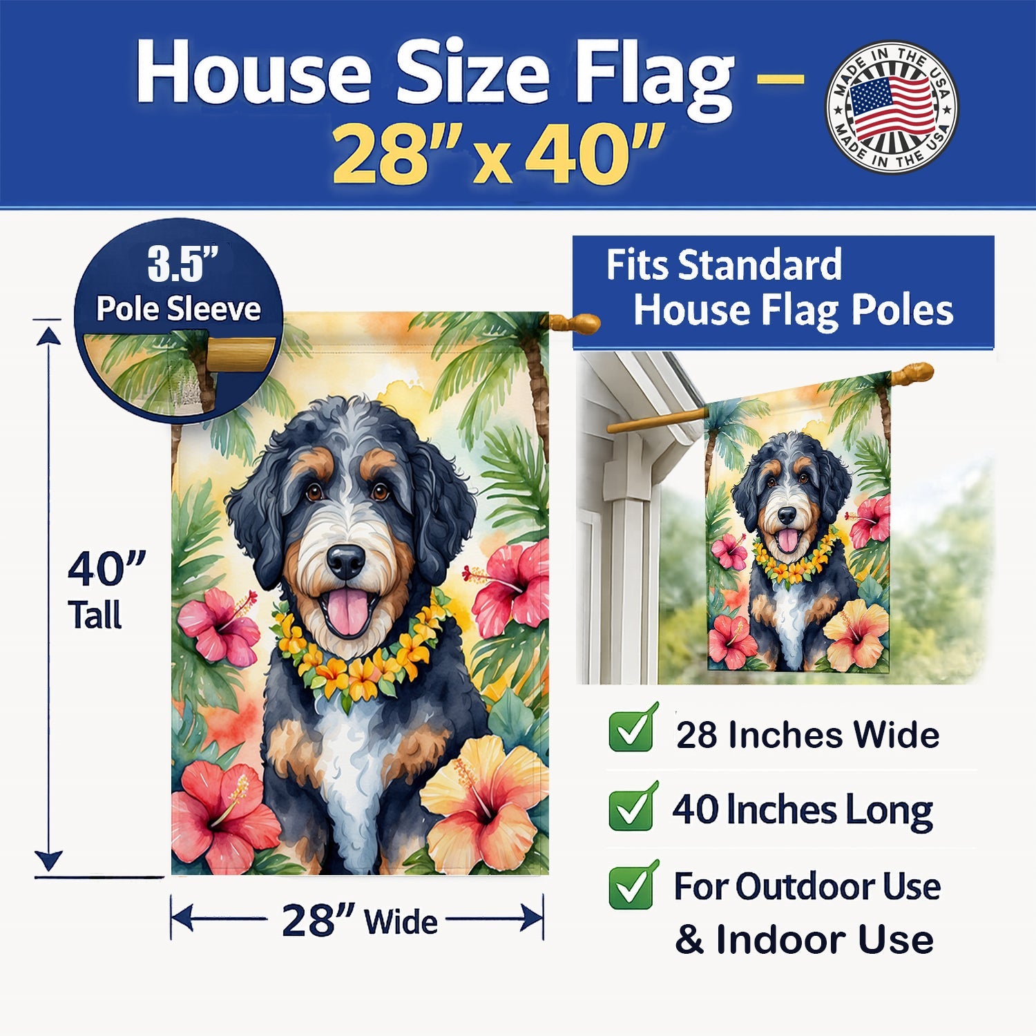 Bernedoodle Luau House Flag 28x40 Porch Sleeve Pole Decorative Outside Yard Banner Artwork Wall Hanging, Polyester