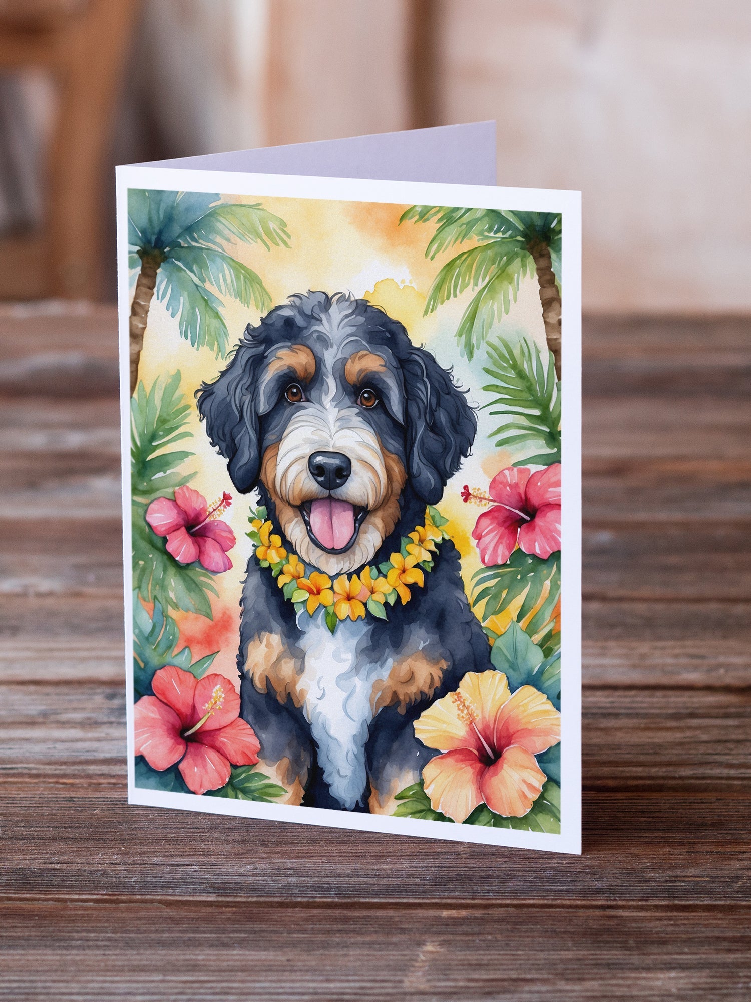 Bernedoodle Luau Greeting Cards Pack of 8 Blank Cards with Envelopes Whimsical A7 Size 5x7