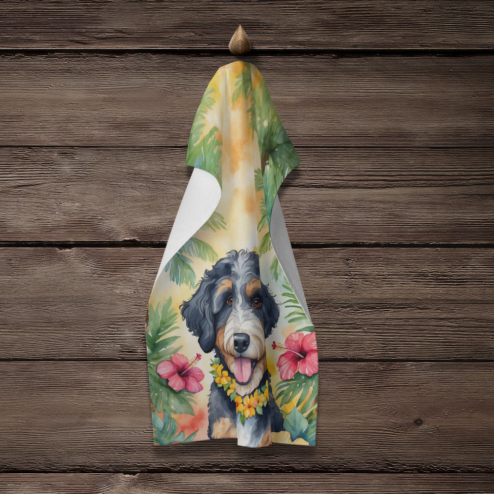 Bernedoodle Luau Kitchen Towel Velour Plush Front and Cotton Loop Back Machine Washable