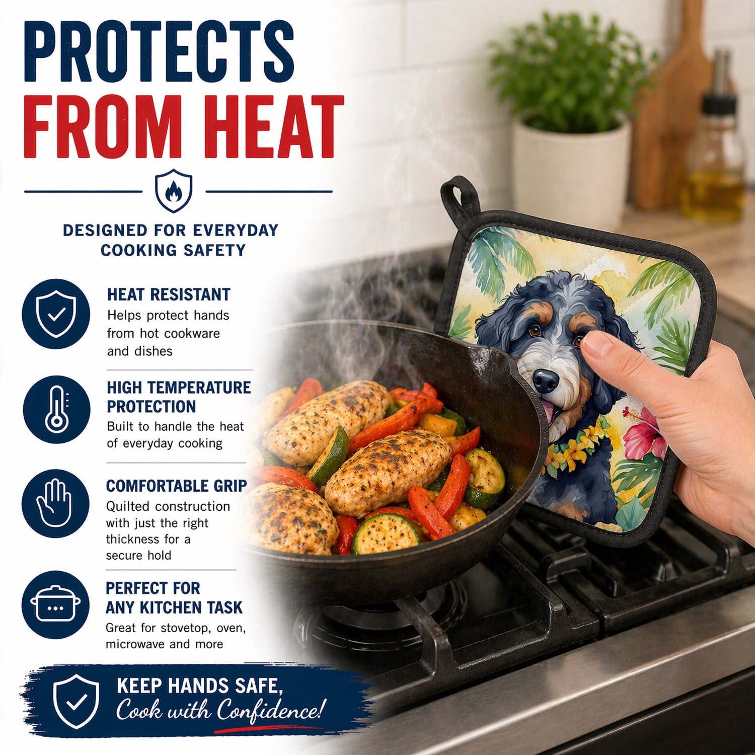 Bernedoodle Luau Pot Holder Set of 2 Heat Resistant Quilted Hot Pads 7.5 x 7.5 Inch, Insulated Kitchen Trivets for Cooking & Baking