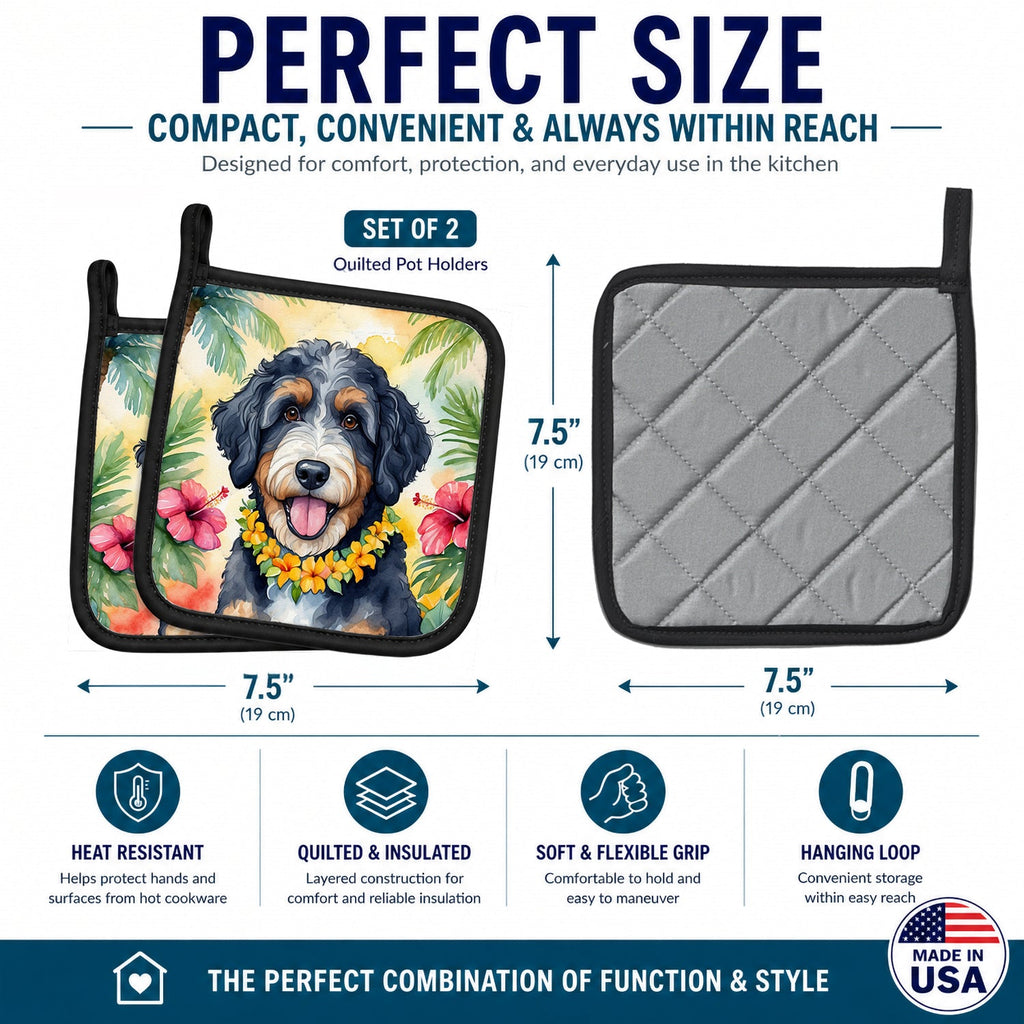 Bernedoodle Luau Pot Holder Set of 2 Heat Resistant Quilted Hot Pads 7.5 x 7.5 Inch, Insulated Kitchen Trivets for Cooking & Baking