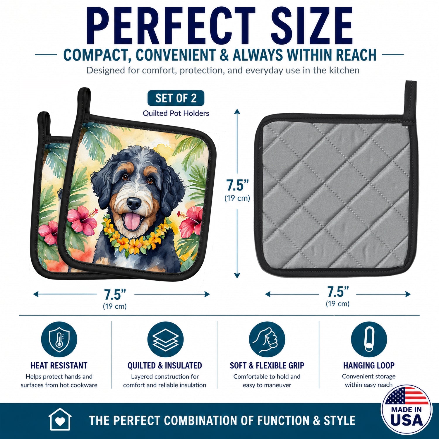 Bernedoodle Luau Pot Holder Set of 2 Heat Resistant Quilted Hot Pads 7.5 x 7.5 Inch, Insulated Kitchen Trivets for Cooking & Baking