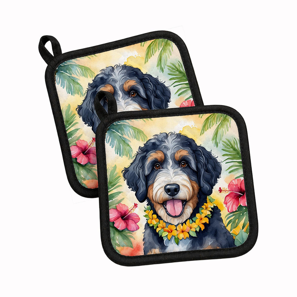 Bernedoodle Luau Pot Holder Set of 2 Heat Resistant Quilted Hot Pads 7.5 x 7.5 Inch, Insulated Kitchen Trivets for Cooking & Baking
