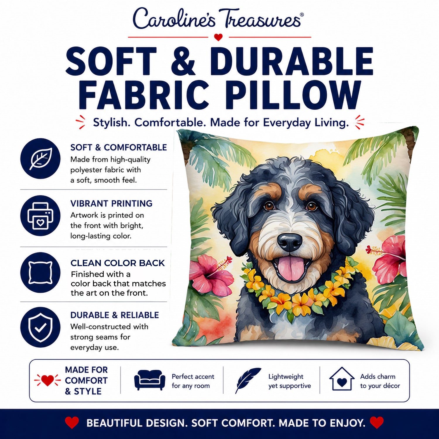 Bernedoodle Luau Decorative Throw Pillow 14x14 Indoor Outdoor Accent Cushion, Fabric Cover with Insert for Sofa, Bed, Porch & Living Room