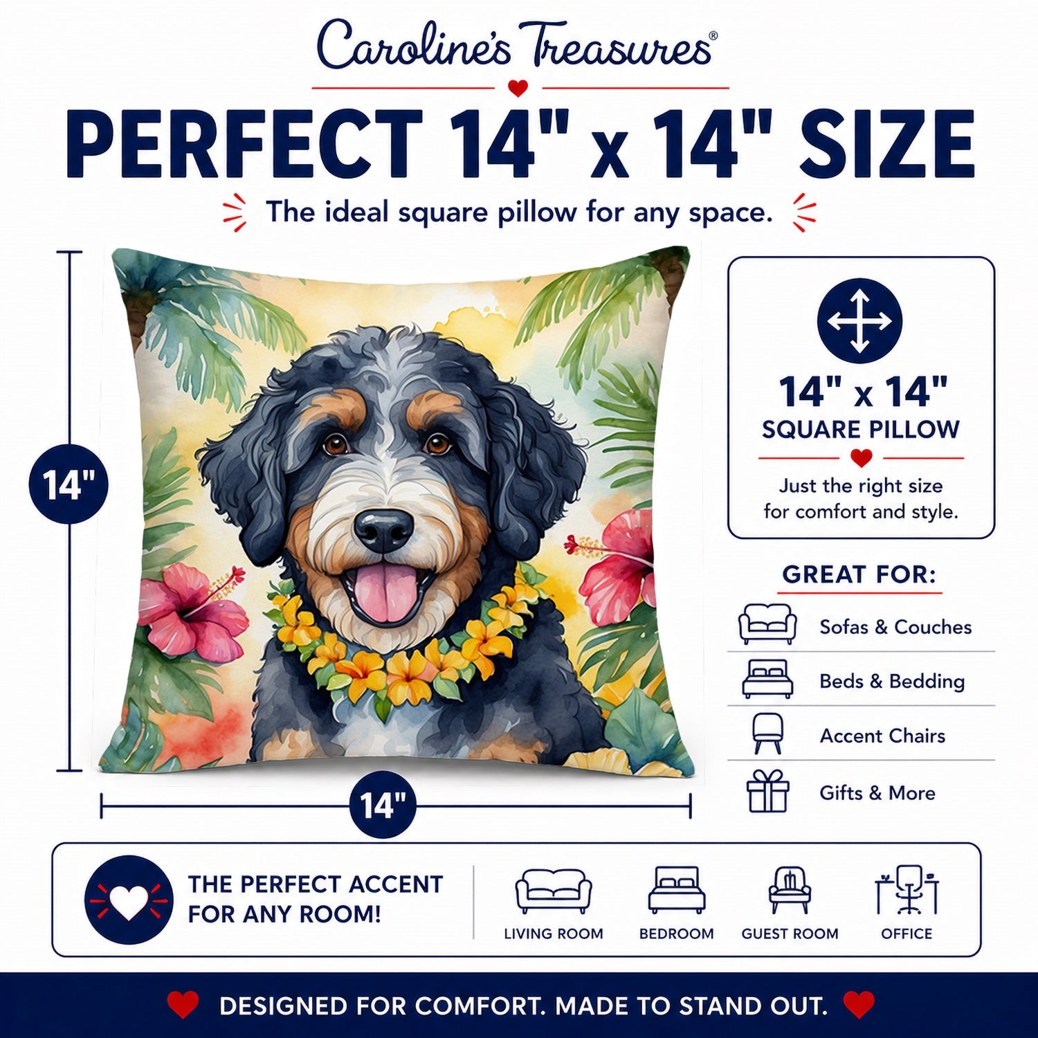 Bernedoodle Luau Decorative Throw Pillow 14x14 Indoor Outdoor Accent Cushion, Fabric Cover with Insert for Sofa, Bed, Porch & Living Room