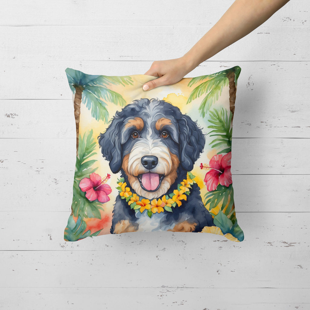 Bernedoodle Luau Decorative Throw Pillow 18x18 Indoor Outdoor Accent Cushion, Fabric Cover with Insert for Sofa, Bed, Porch & Living Room