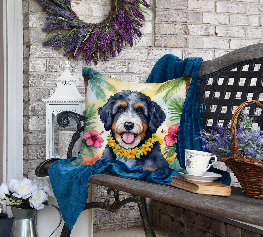 Bernedoodle Luau Decorative Throw Pillow 18x18 Indoor Outdoor Accent Cushion, Fabric Cover with Insert for Sofa, Bed, Porch & Living Room