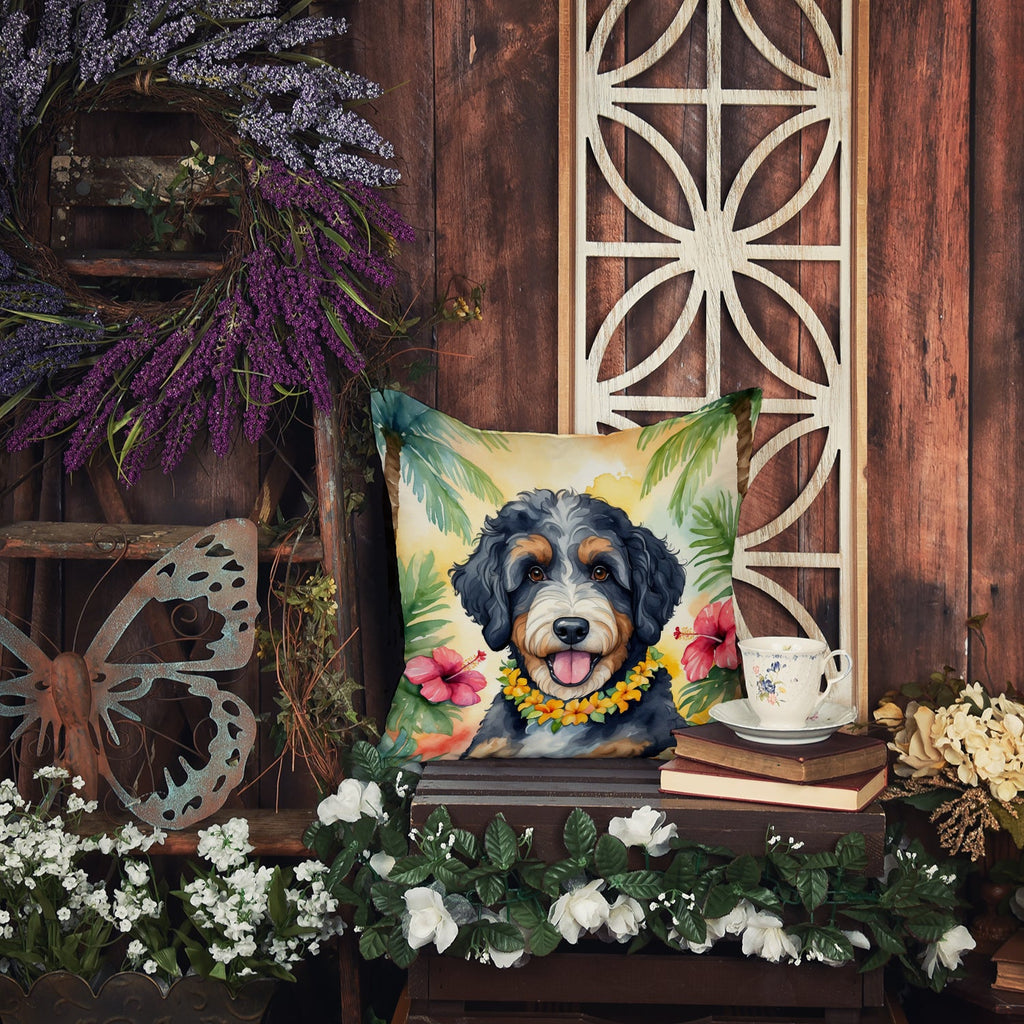 Bernedoodle Luau Decorative Throw Pillow 18x18 Indoor Outdoor Accent Cushion, Fabric Cover with Insert for Sofa, Bed, Porch & Living Room