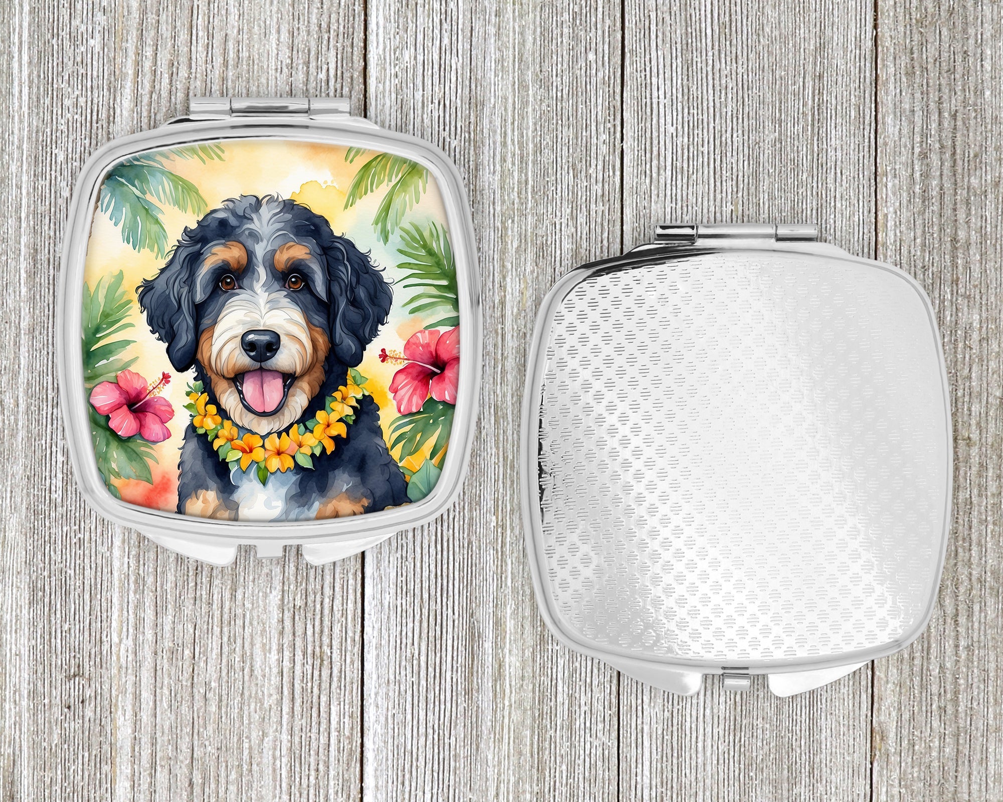 Bernedoodle Luau Compact Mirror Decorative Travel Makeup Mirror for Women Girls Gifts Pocket Makeup Mirror Folding Handheld