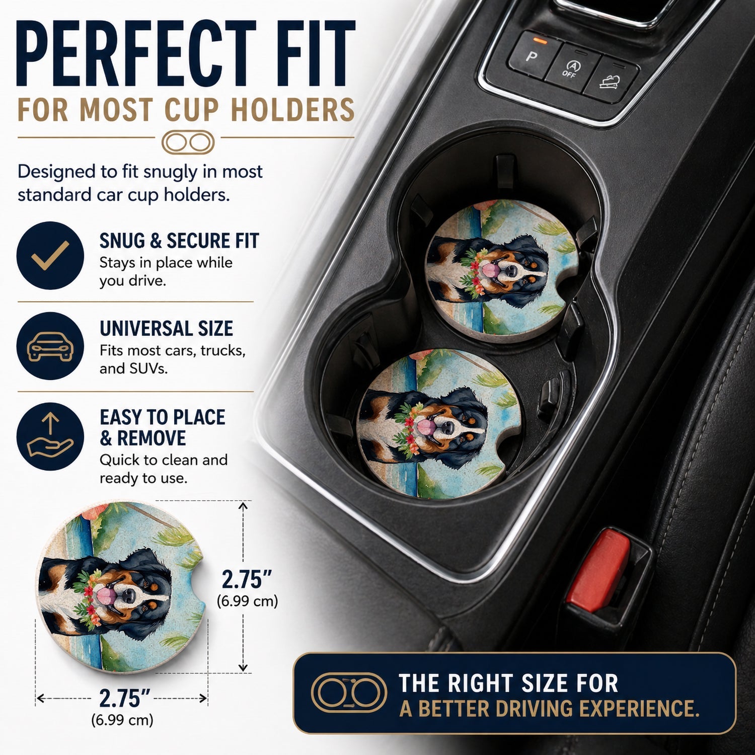 Bernese Mountain Dog Luau Set of 2 Cup Holder Car Coasters Absorbent Round Sandstone Coasters Gifts for Men or Women, 2.5, Multicolor
