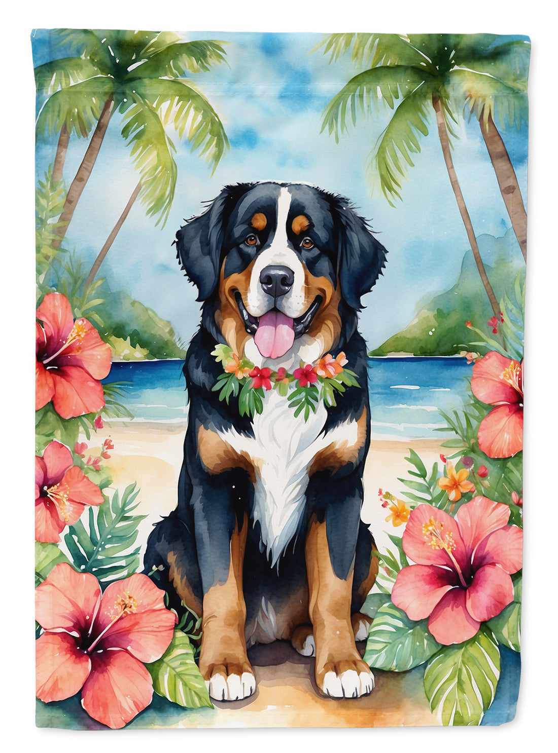 Bernese Mountain Dog Luau House Flag 28x40 Porch Sleeve Pole Decorative Outside Yard Banner Artwork Wall Hanging, Polyester
