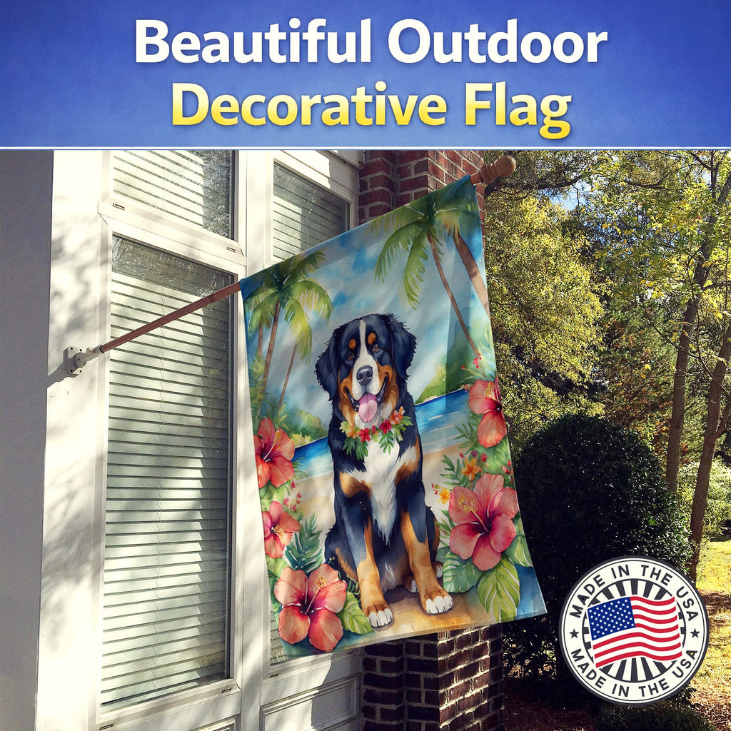Bernese Mountain Dog Luau House Flag 28x40 Porch Sleeve Pole Decorative Outside Yard Banner Artwork Wall Hanging, Polyester