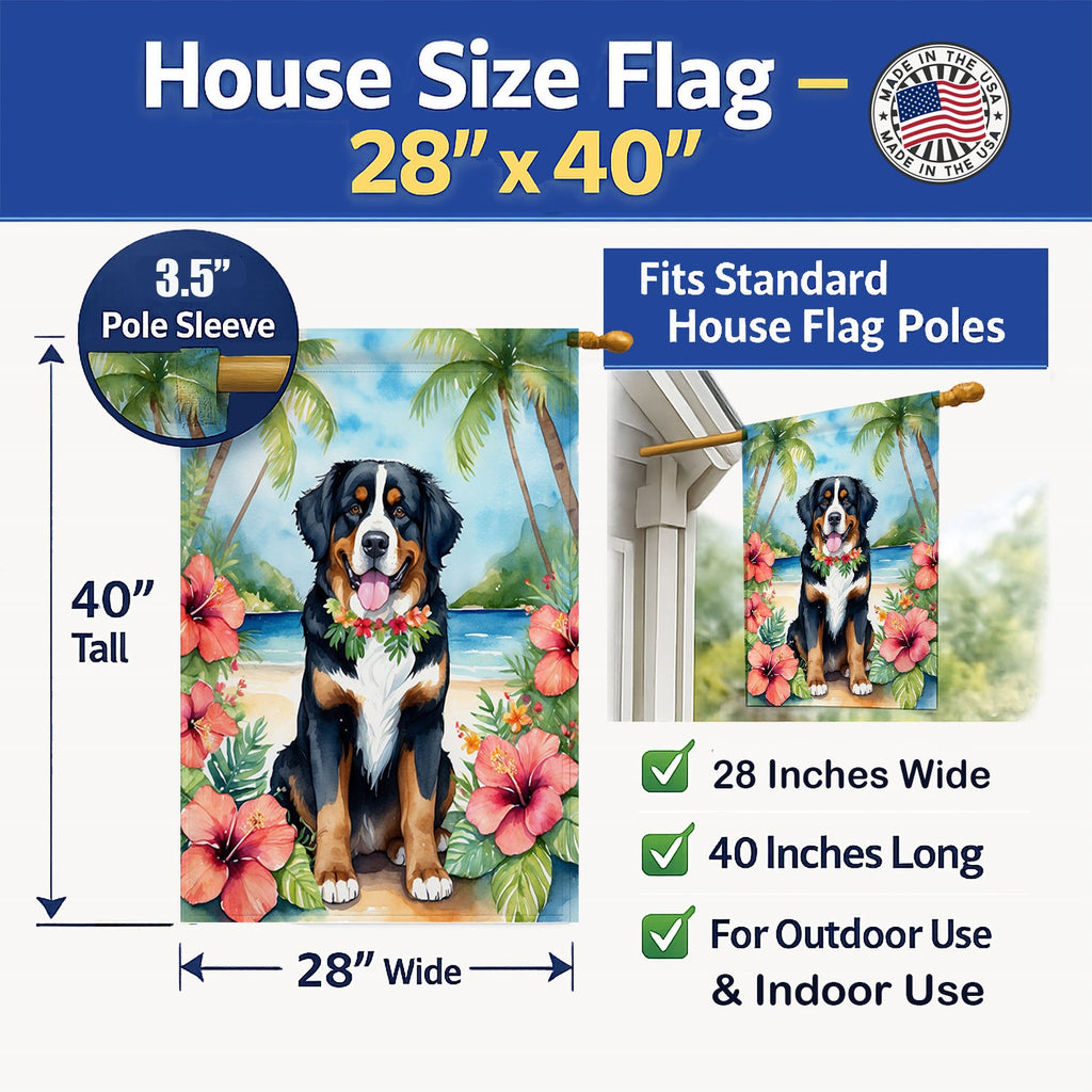 Bernese Mountain Dog Luau House Flag 28x40 Porch Sleeve Pole Decorative Outside Yard Banner Artwork Wall Hanging, Polyester