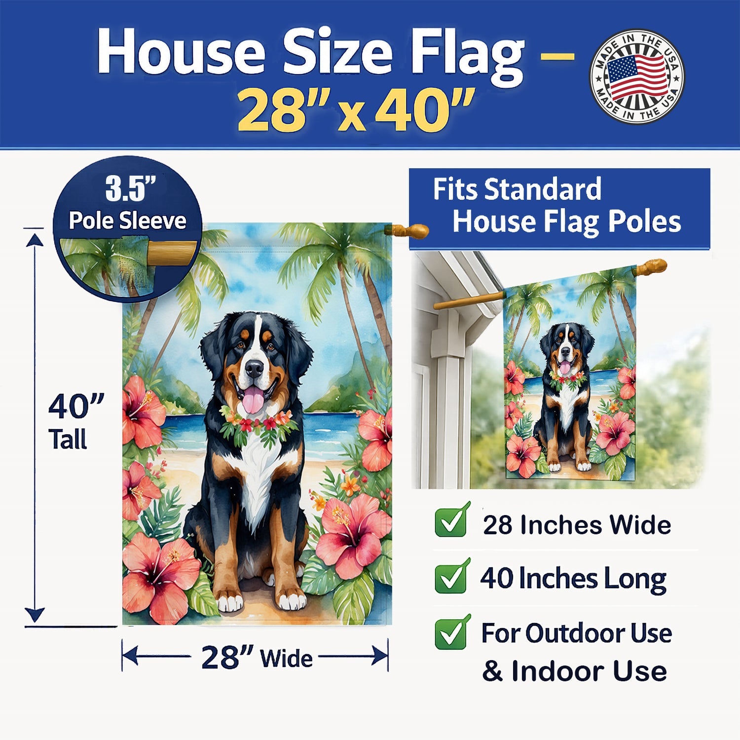Bernese Mountain Dog Luau House Flag 28x40 Porch Sleeve Pole Decorative Outside Yard Banner Artwork Wall Hanging, Polyester