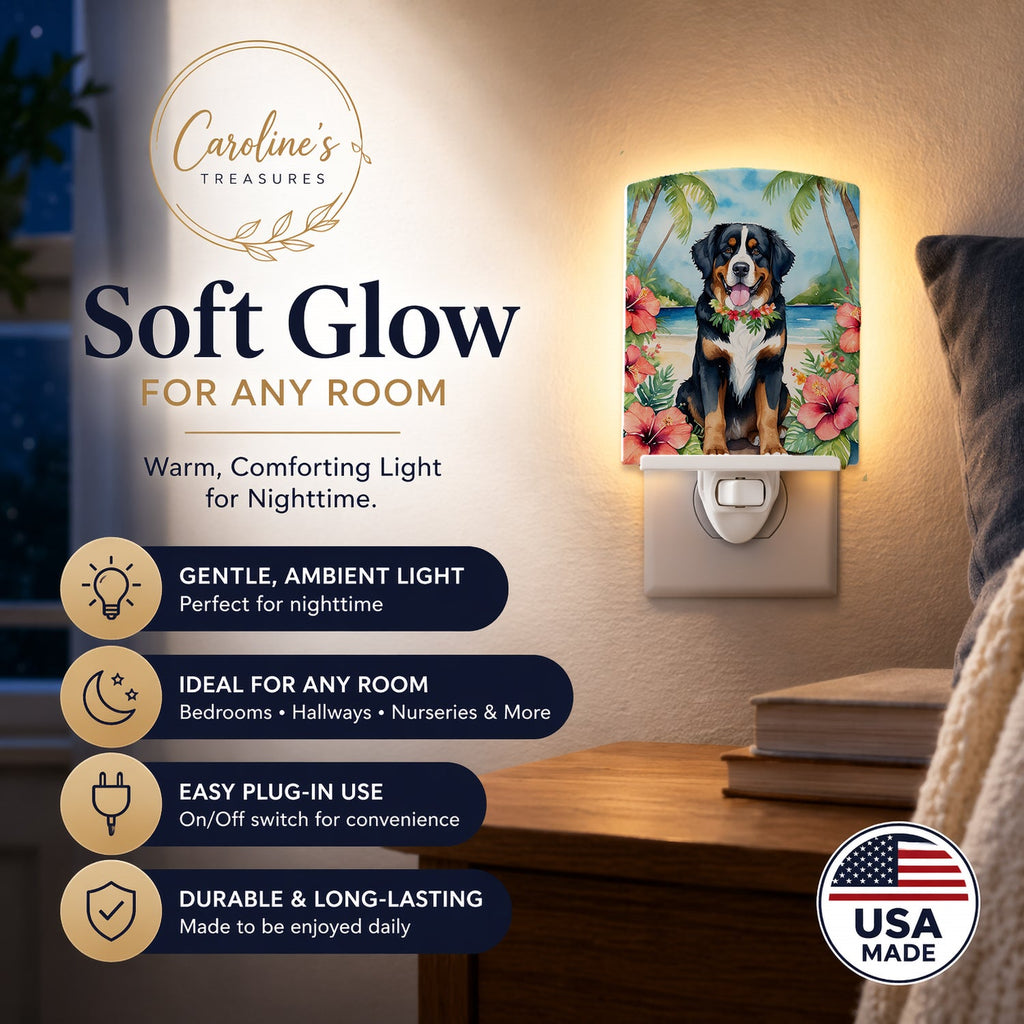 Bernese Mountain Dog Luau Ceramic Night Light Compact, UL-Certified, Ideal for Bedroom, Bathroom, Nursery, Hallway, Kitchen, 6x4x3, Multicolor