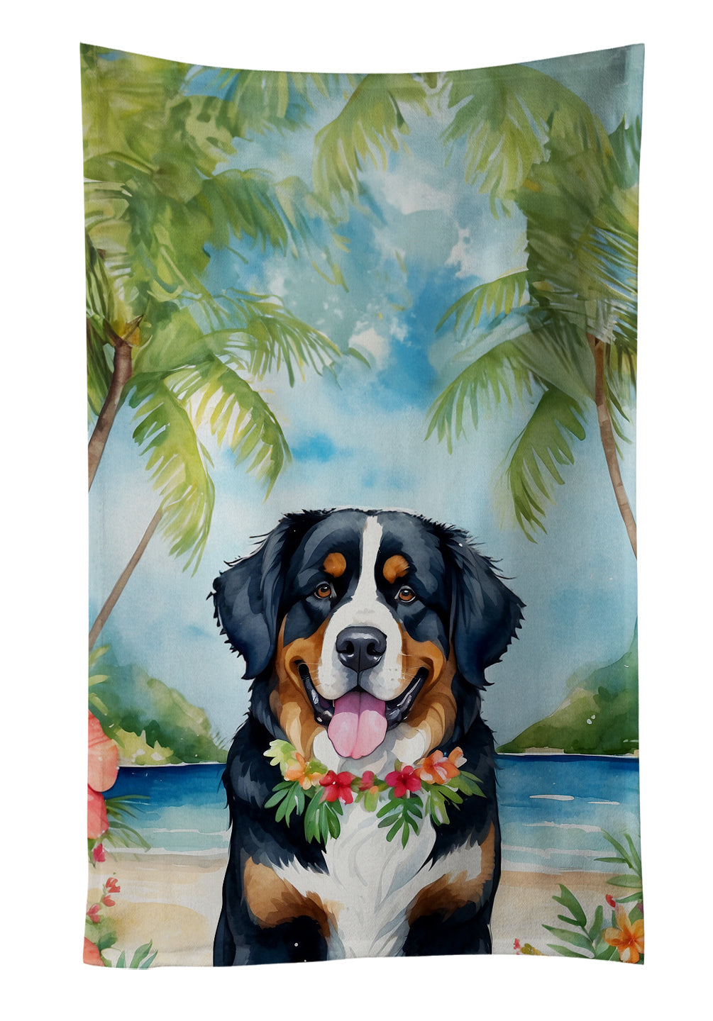 Bernese Mountain Dog Luau Kitchen Towel Velour Plush Front and Cotton Loop Back Machine Washable