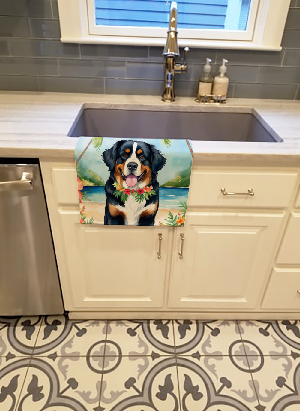 Bernese Mountain Dog Luau Kitchen Towel Velour Plush Front and Cotton Loop Back Machine Washable
