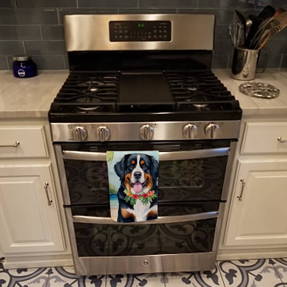 Bernese Mountain Dog Luau Kitchen Towel Velour Plush Front and Cotton Loop Back Machine Washable