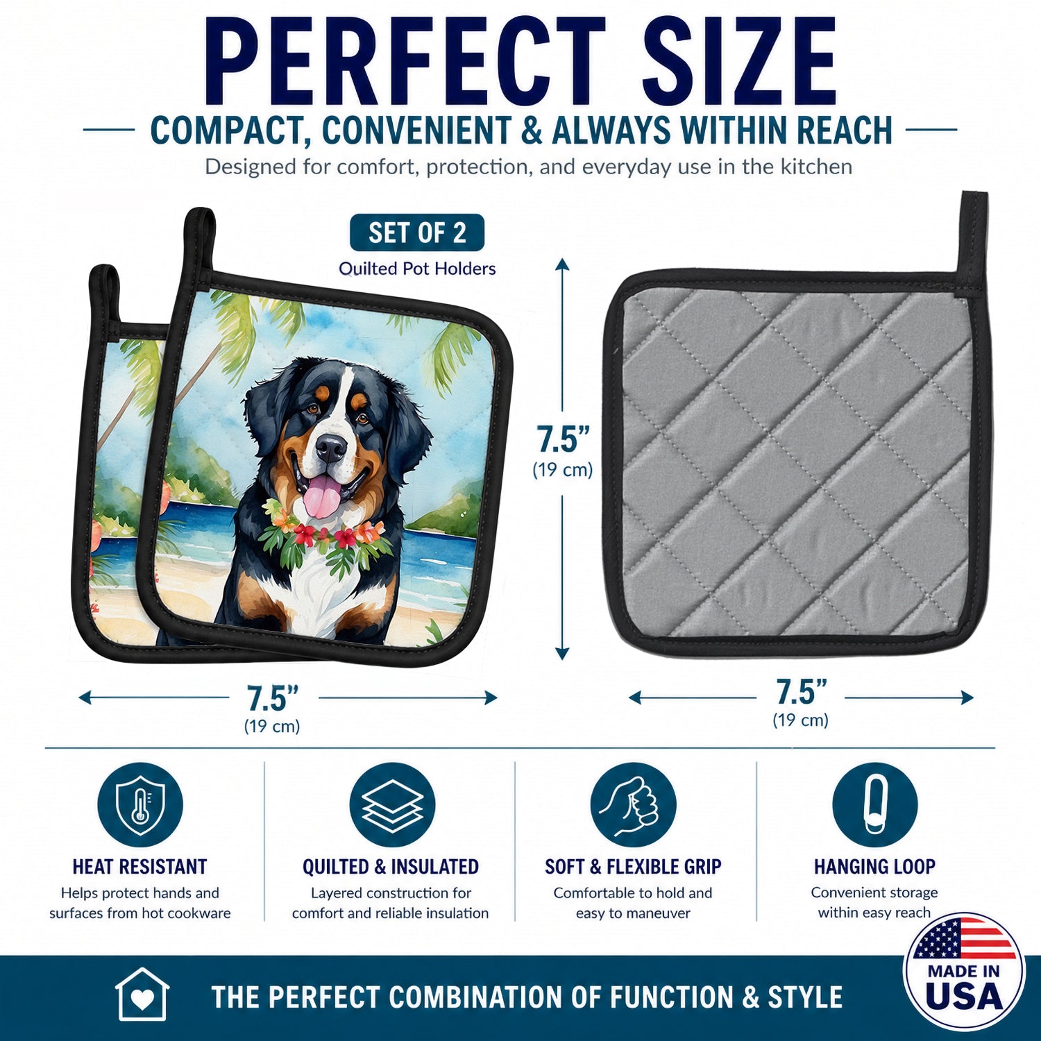 Bernese Mountain Dog Luau Pot Holder Set of 2 Heat Resistant Quilted Hot Pads 7.5 x 7.5 Inch, Insulated Kitchen Trivets for Cooking & Baking
