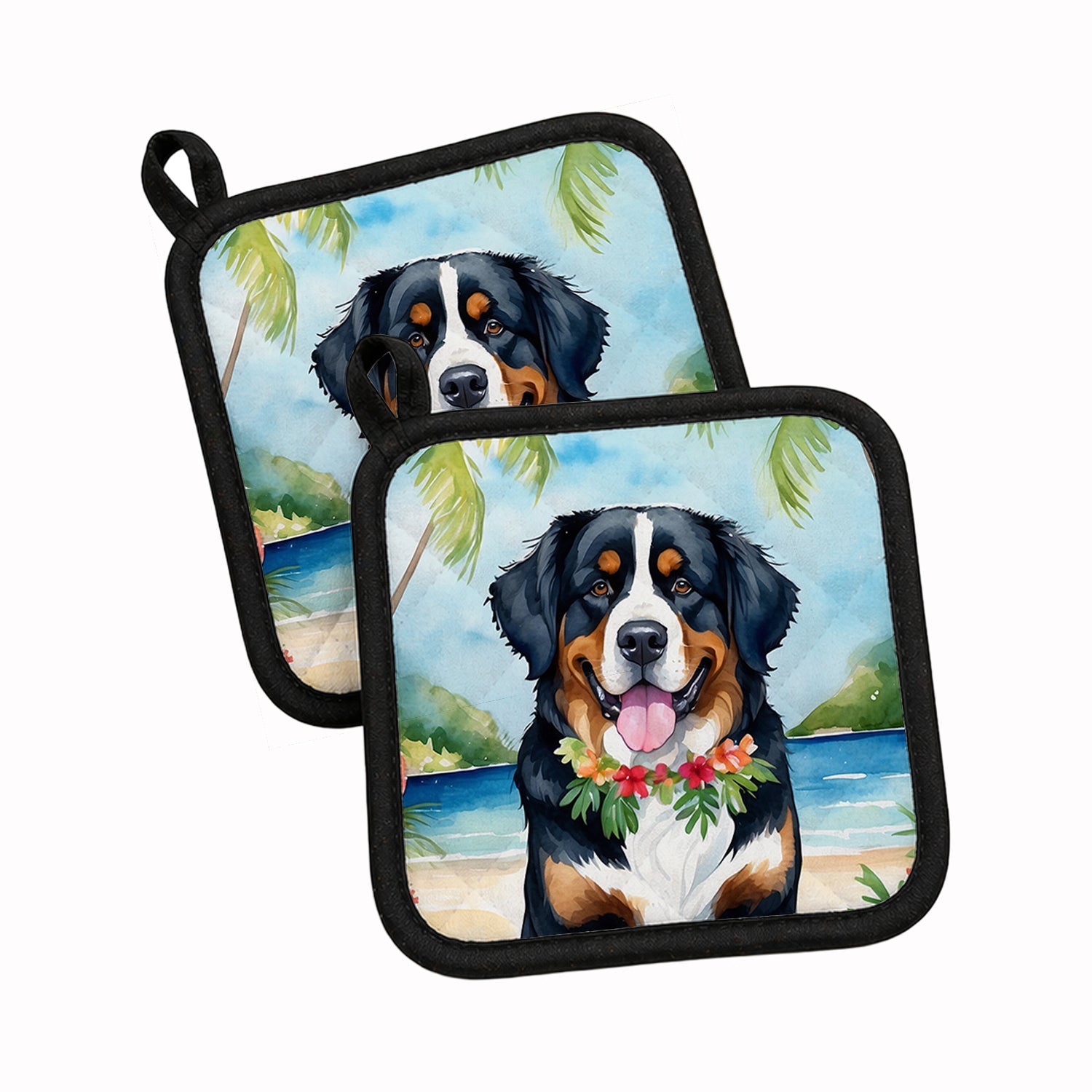 Bernese Mountain Dog Luau Pot Holder Set of 2 Heat Resistant Quilted Hot Pads 7.5 x 7.5 Inch, Insulated Kitchen Trivets for Cooking & Baking