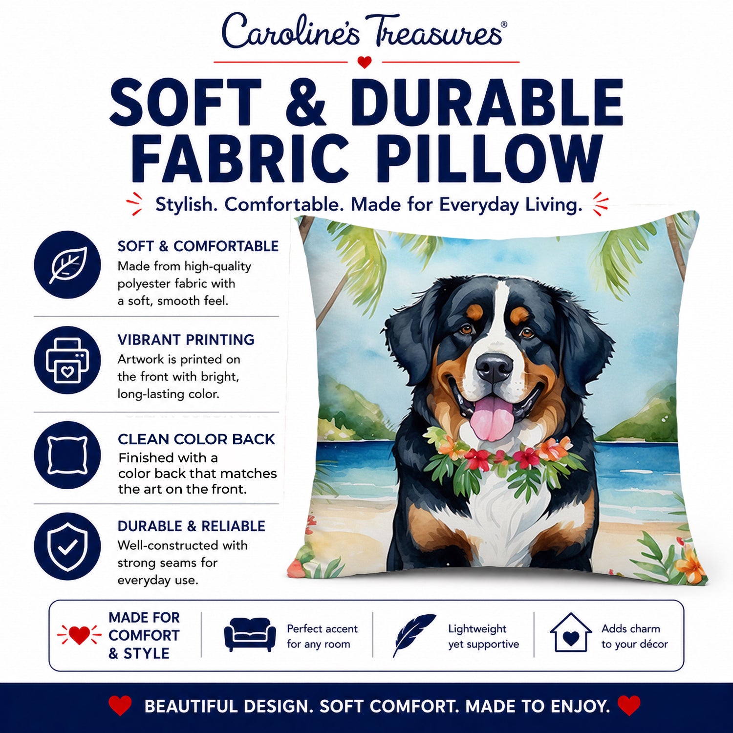 Bernese Mountain Dog Luau Decorative Throw Pillow 14x14 Indoor Outdoor Accent Cushion, Fabric Cover with Insert for Sofa, Bed, Porch & Living Room