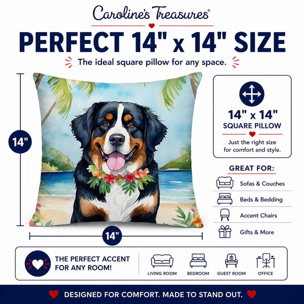 Bernese Mountain Dog Luau Decorative Throw Pillow 14x14 Indoor Outdoor Accent Cushion, Fabric Cover with Insert for Sofa, Bed, Porch & Living Room