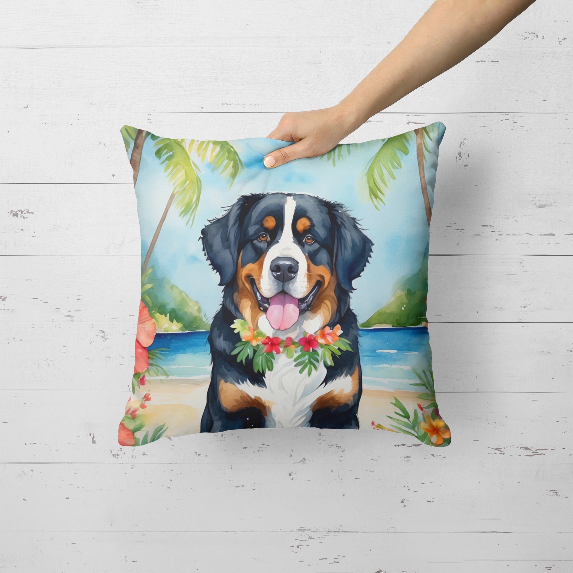 Bernese Mountain Dog Luau Decorative Throw Pillow 18x18 Indoor Outdoor Accent Cushion, Fabric Cover with Insert for Sofa, Bed, Porch & Living Room