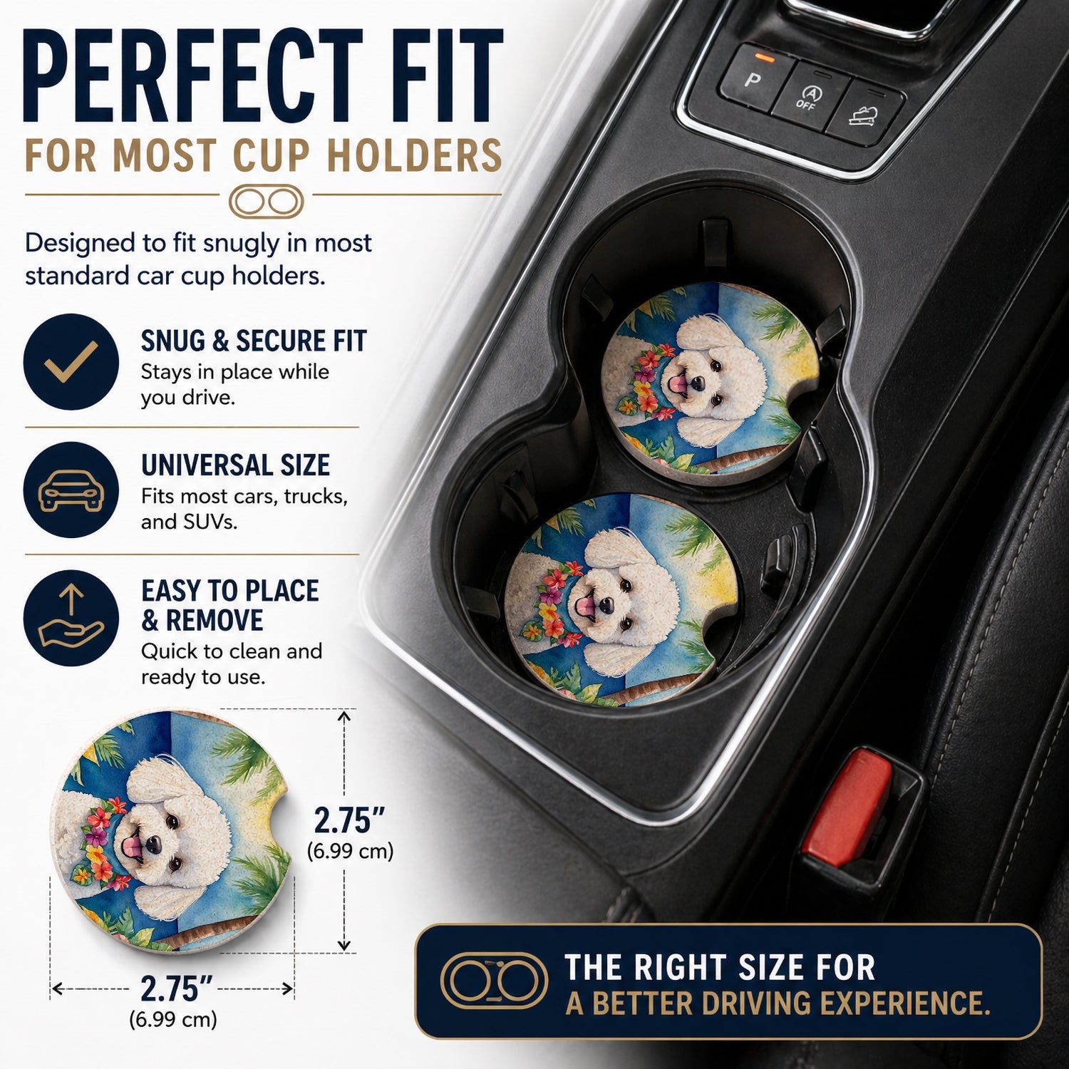 Bichon Frise Luau Set of 2 Cup Holder Car Coasters Absorbent Round Sandstone Coasters Gifts for Men or Women, 2.5, Multicolor