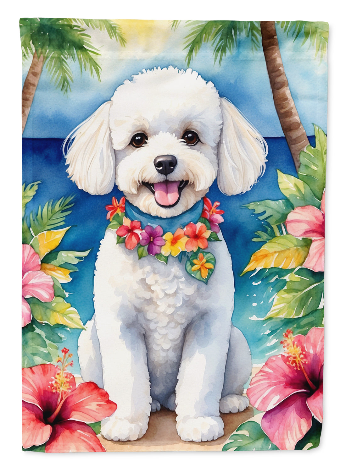 Bichon Frise Luau House Flag 28x40 Porch Sleeve Pole Decorative Outside Yard Banner Artwork Wall Hanging, Polyester