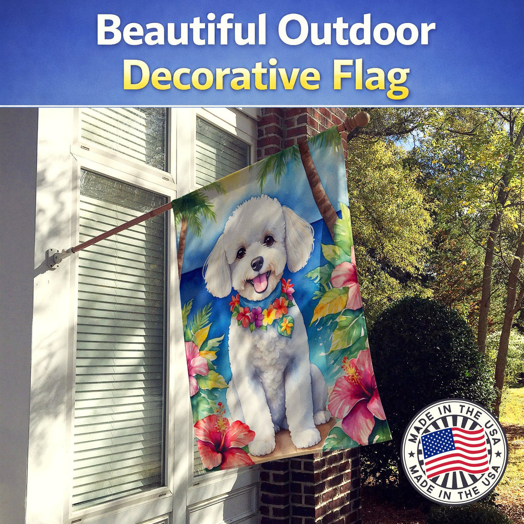 Bichon Frise Luau House Flag 28x40 Porch Sleeve Pole Decorative Outside Yard Banner Artwork Wall Hanging, Polyester
