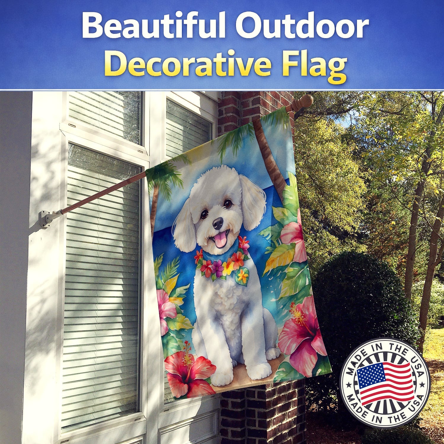 Bichon Frise Luau House Flag 28x40 Porch Sleeve Pole Decorative Outside Yard Banner Artwork Wall Hanging, Polyester