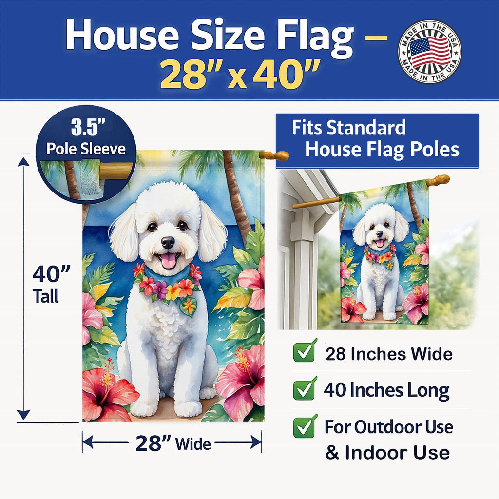 Bichon Frise Luau House Flag 28x40 Porch Sleeve Pole Decorative Outside Yard Banner Artwork Wall Hanging, Polyester