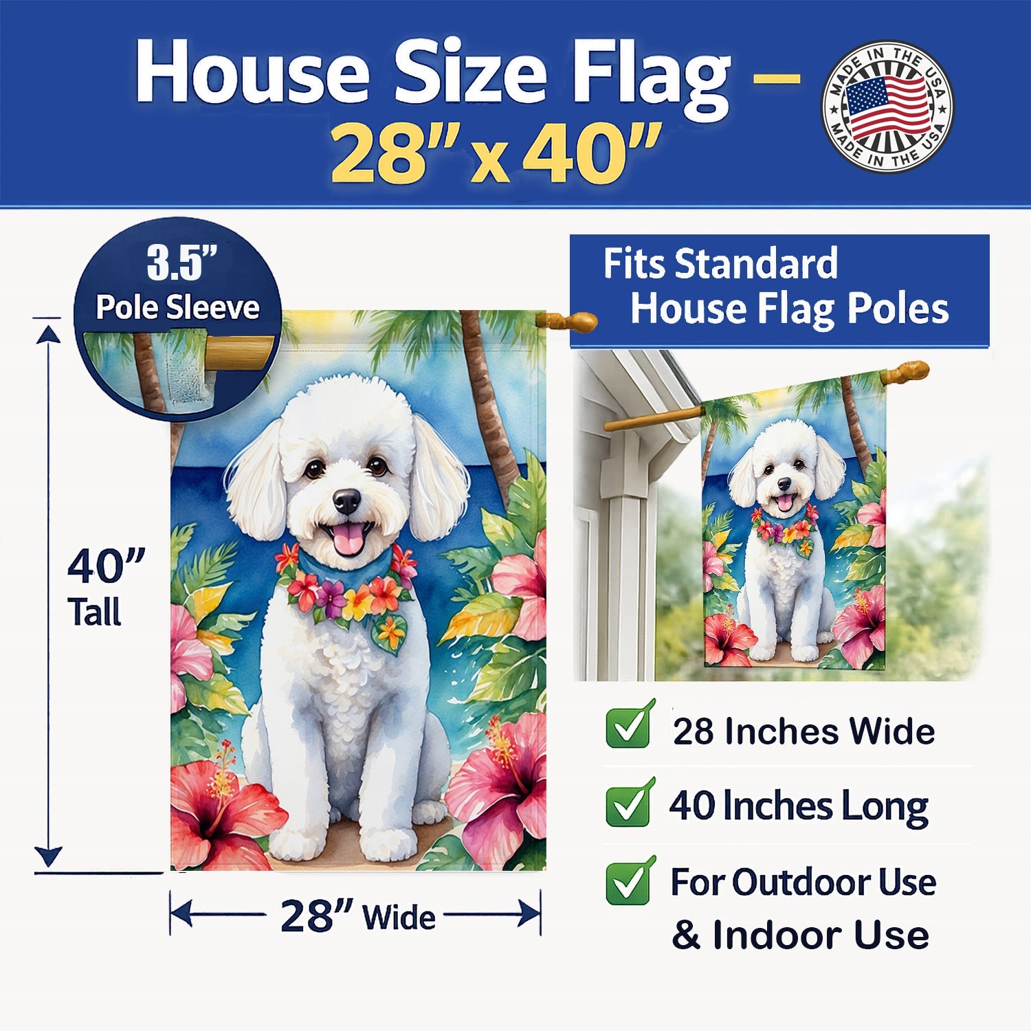 Bichon Frise Luau House Flag 28x40 Porch Sleeve Pole Decorative Outside Yard Banner Artwork Wall Hanging, Polyester